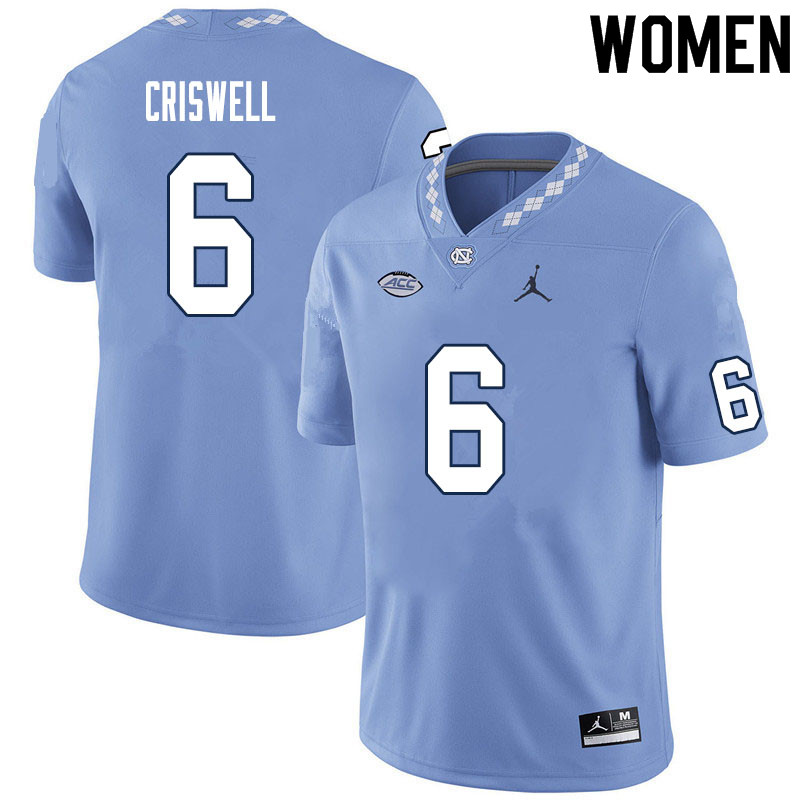 Women #6 Jacolby Criswell North Carolina Tar Heels College Football Jerseys Sale-Carolina Blue